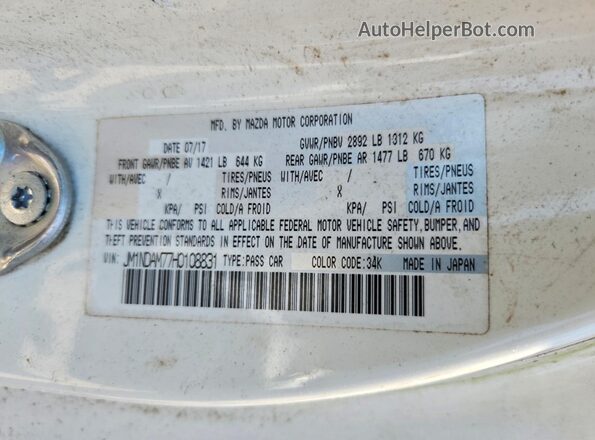 JM1NDAM77H0108831 2017 MAZDA MX-5 White Вид наклейки з VIN-кодом