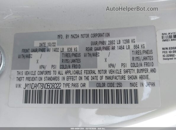JM1NDAM78N0508022 2022 MAZDA MX-5 MIATA RF White Շարժիչի բաժամունքի տեսք