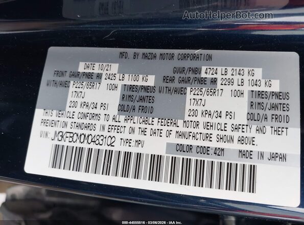 JM3KFBCM0M0483102 2021 MAZDA CX-5 Blue ძრავის განყოფილების ხედი
