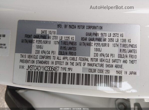 JM3TCACY1K0306467 2019 MAZDA CX-9 White Widok komory silnika