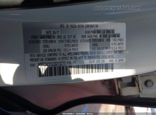 JM3TCACY3J0210273 2018 MAZDA CX-9 White Շարժիչի բաժամունքի տեսք