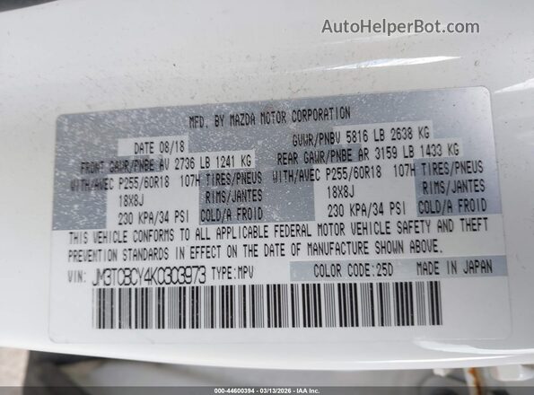 JM3TCBCY4K0303973 2019 MAZDA CX-9 White 