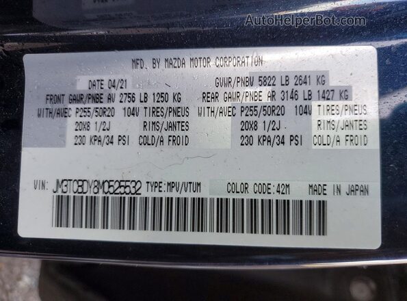 JM3TCBDY8M0525532 2021 MAZDA CX-9 Blue Vista del compartimento del motor