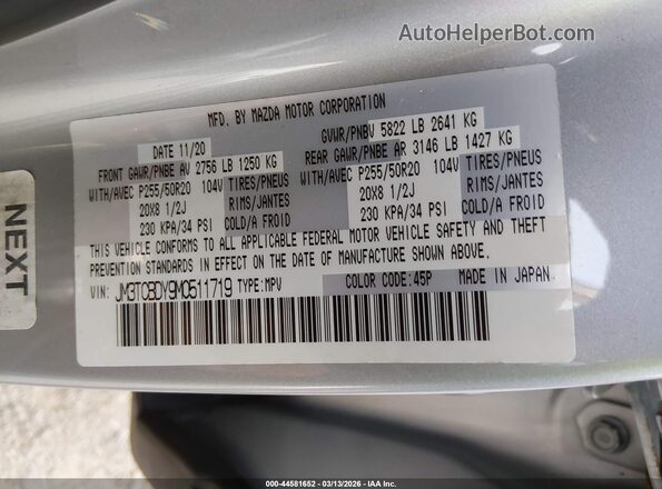 JM3TCBDY9M0511719 2021 MAZDA CX-9 Gray Vista del compartimento del motor