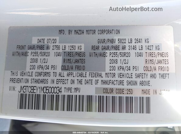 JM3TCBEY1M0500034 2021 MAZDA CX-9 White Շարժիչի բաժամունքի տեսք