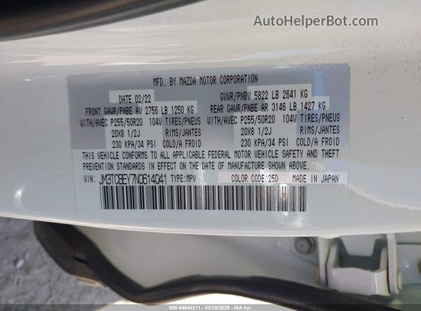 JM3TCBEY7N0614041 2022 MAZDA CX-9 White Շարժիչի բաժամունքի տեսք