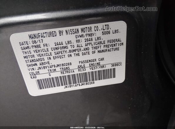 JN1BY1AP9JM180269 2018 INFINITI Q70 Gray Շարժիչի բաժամունքի տեսք