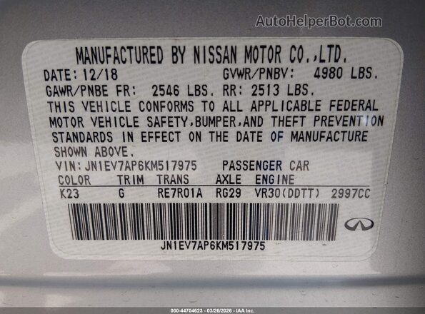 JN1EV7AP6KM517975 2019 INFINITI Q50 Silver Вид підкапотного простору