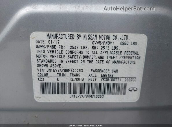 JN1EV7AP8HM740253 2017 INFINITI Q50 Silver Widok komory silnika