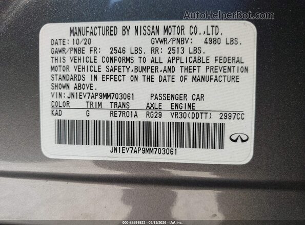 JN1EV7AP9MM703061 2021 INFINITI Q50 Gray Widok komory silnika