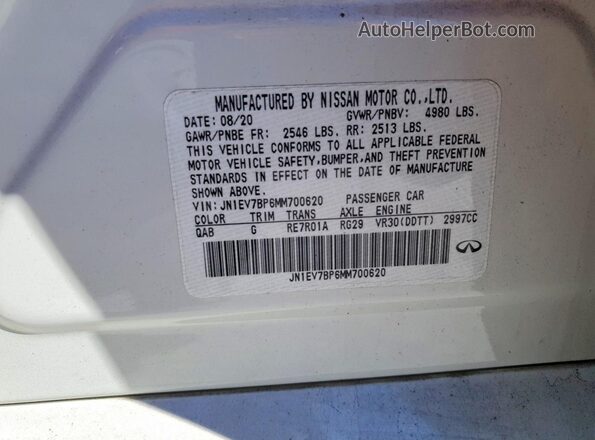JN1EV7BP6MM700620 2021 INFINITI Q50 White 