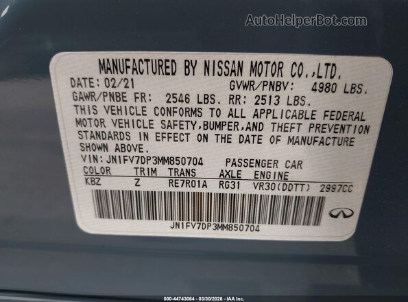 JN1FV7DP3MM850704 2021 INFINITI Q50 Blue Vista del compartimento del motor