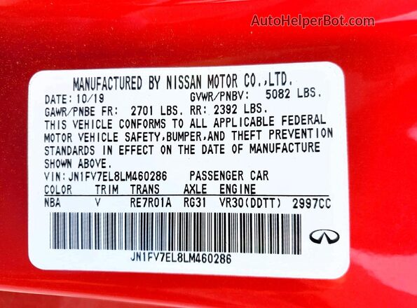 JN1FV7EL8LM460286 2020 INFINITI Q60 Red VIN sticker view
