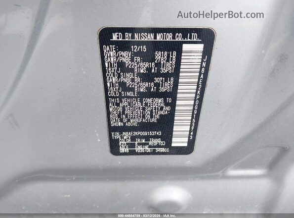 JN8AE2KP0G9153743 2016 NISSAN QUEST Silver 