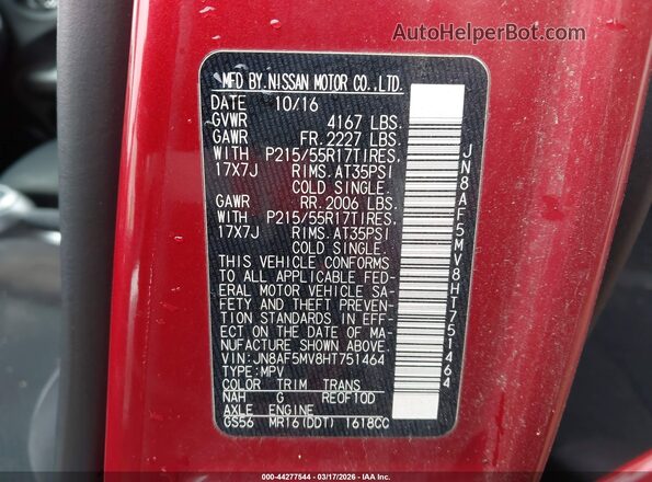 JN8AF5MV8HT751464 2017 NISSAN JUKE Red Widok komory silnika