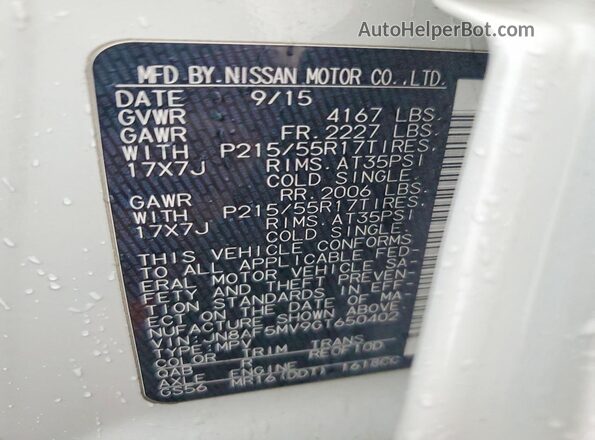 JN8AF5MV9GT650402 2016 NISSAN JUKE White 