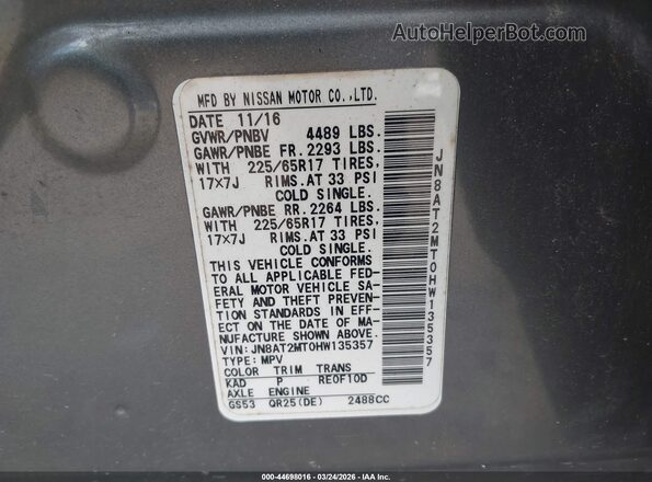 JN8AT2MT0HW135357 2017 NISSAN ROGUE Gray Vista del compartimento del motor