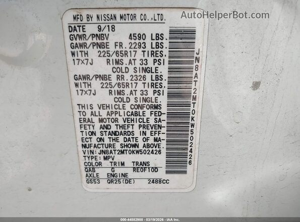 JN8AT2MT0KW502426 2019 NISSAN ROGUE White 