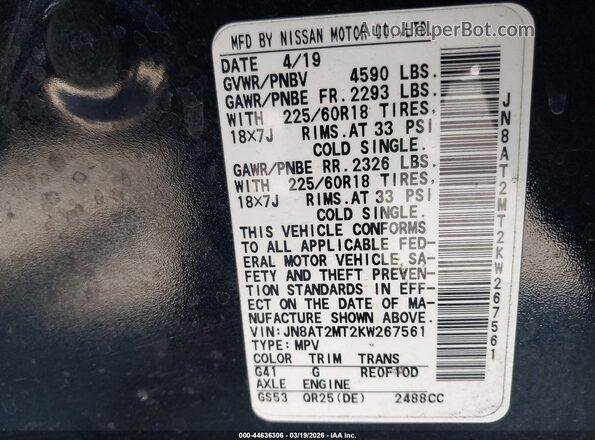 JN8AT2MT2KW267561 2019 NISSAN ROGUE Black Widok komory silnika