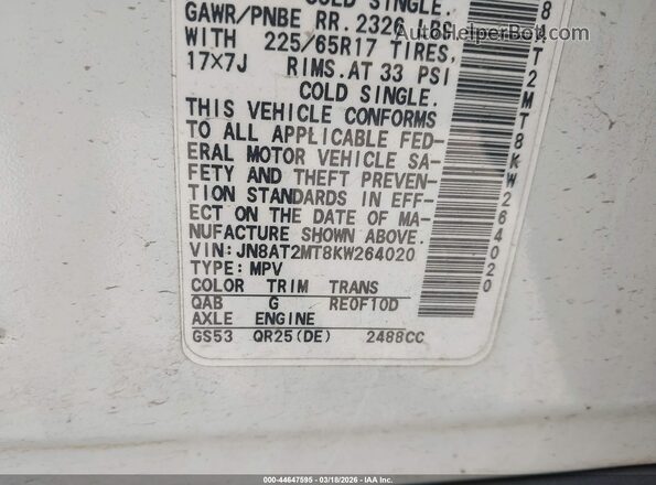 JN8AT2MT8KW264020 2019 NISSAN ROGUE Белый Вид подкапотного пространства
