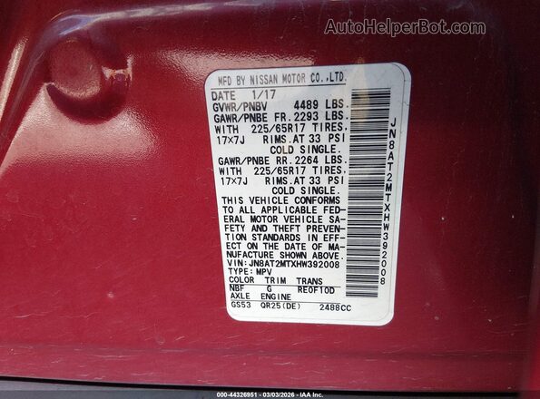 JN8AT2MTXHW392008 2017 NISSAN ROGUE Red Widok komory silnika