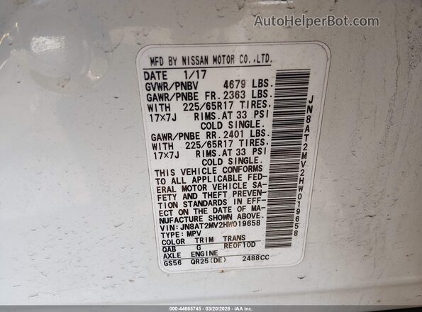 JN8AT2MV2HW019658 2017 NISSAN ROGUE Белый 
