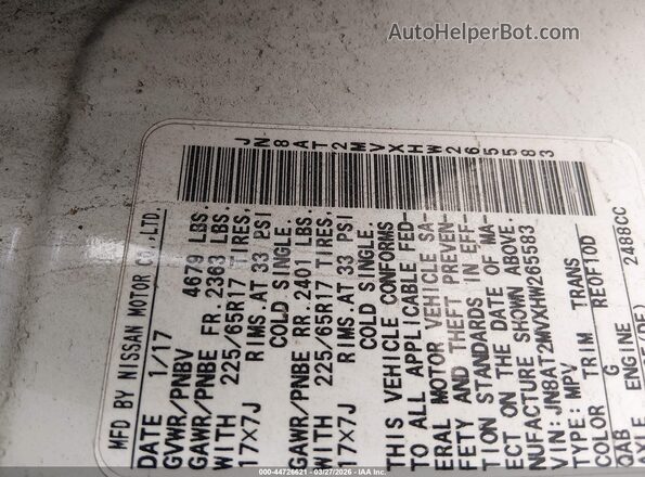 JN8AT2MVXHW265583 2017 NISSAN ROGUE White Շարժիչի բաժամունքի տեսք