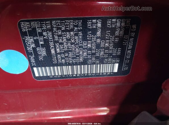 JN8AT3BA2MW017070 2021 NISSAN ROGUE Burgundy 