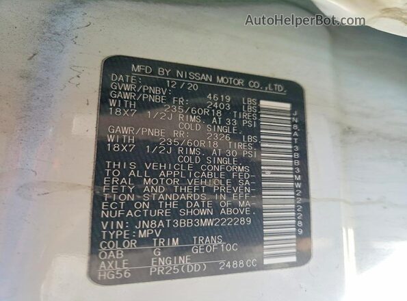 JN8AT3BB3MW222289 2021 NISSAN ROGUE White Вид підкапотного простору