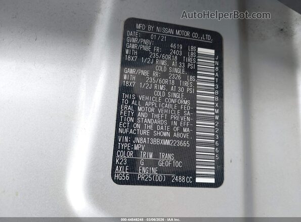 JN8AT3BBXMW223665 2021 NISSAN ROGUE Silver Engine compartment view