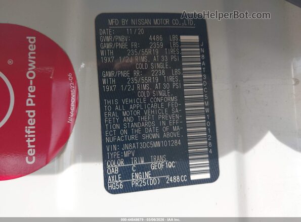 JN8AT3DC5MW101284 2021 NISSAN ROGUE Cream Engine compartment view