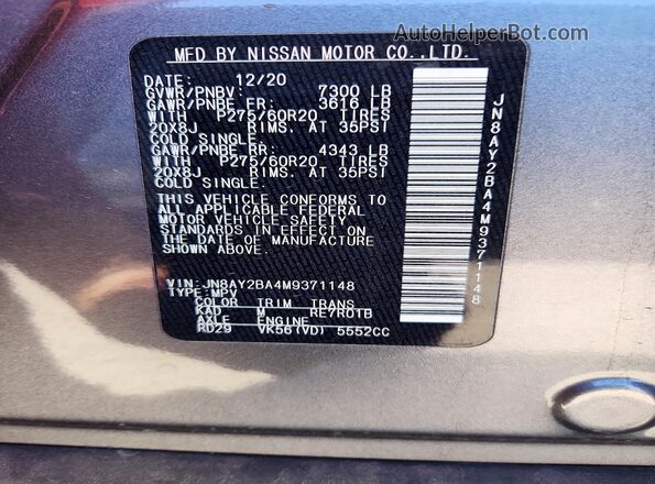 JN8AY2BA4M9371148 2021 NISSAN ARMADA Gray Vista interior de 360 grados