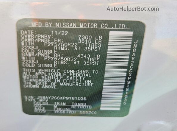 JN8AY2CCXP9181035 2023 NISSAN ARMADA White VIN sticker view