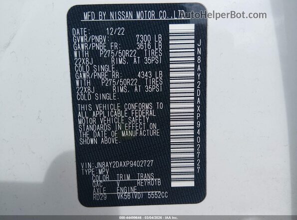 JN8AY2DAXP9402727 2023 NISSAN ARMADA White Engine compartment view