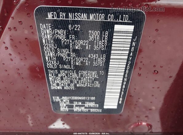 JN8AY2DB5N9813166 2022 NISSAN ARMADA Красный Вид подкапотного пространства