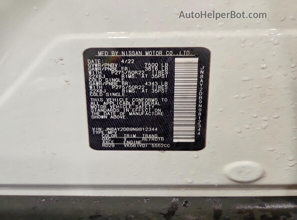 JN8AY2DB9N9812344 2022 NISSAN ARMADA White ძრავის განყოფილების ხედი