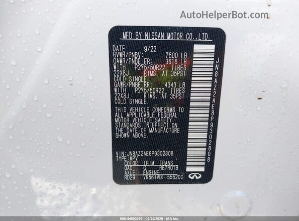 JN8AZ2AE8P9302808 2023 INFINITI QX80 White Vista del compartimento del motor