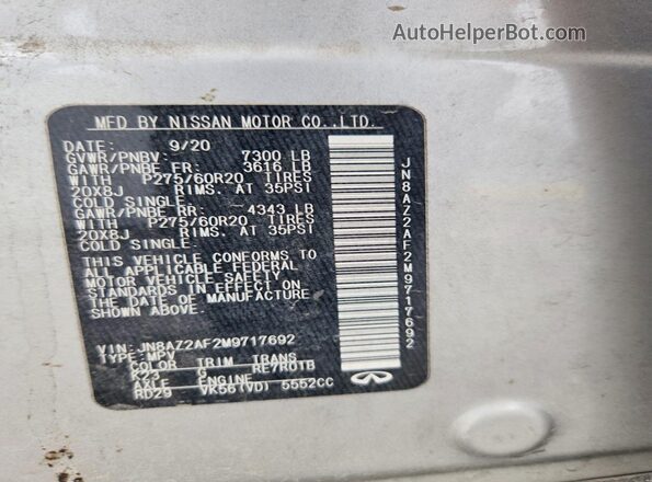 JN8AZ2AF2M9717692 2021 INFINITI QX80 Silver Вид наклейки з VIN-кодом