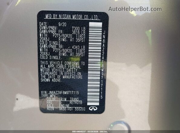 JN8AZ2AF8M9717115 2021 INFINITI QX80 Beige Շարժիչի բաժամունքի տեսք