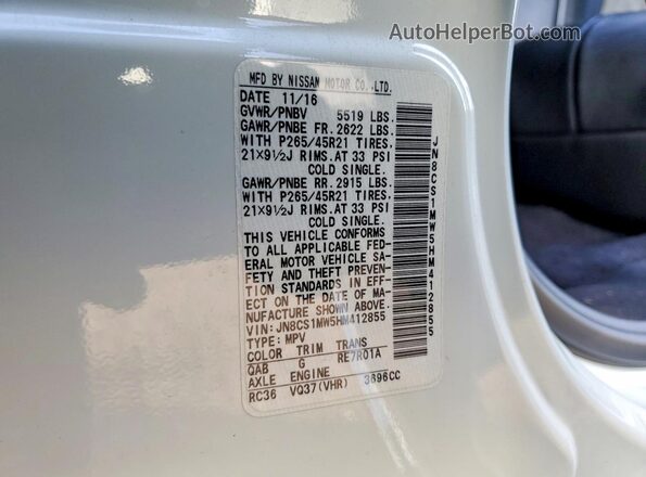 JN8CS1MW5HM412855 2017 INFINITI QX70 White Vista de la etiqueta del VIN