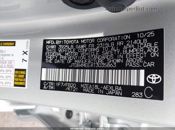JTDB4MEE4T3035863 2026 TOYOTA LL Gray Vista del compartimento del motor