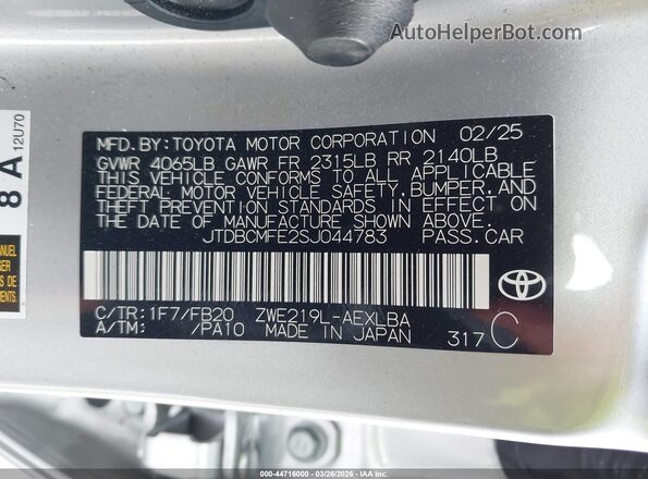 JTDBCMFE2SJ044783 2025 TOYOTA LL Silver 