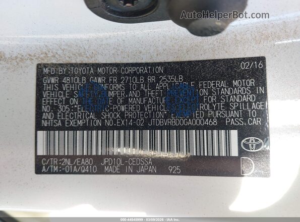 JTDBVRBD0GA000468 2016 TOYOTA MIRAI White Շարժիչի բաժամունքի տեսք