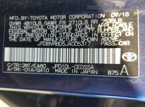 JTDBVRBD5JA005317 2018 TOYOTA MIRAI Blue Շարժիչի բաժամունքի տեսք