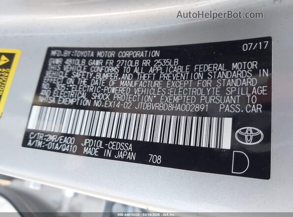 JTDBVRBD8HA002891 2017 TOYOTA MIRAI Silver Widok komory silnika
