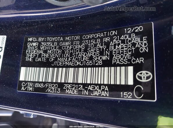 JTDEPMAE0MJ165128 2021 TOYOTA LL Blue Engine compartment view