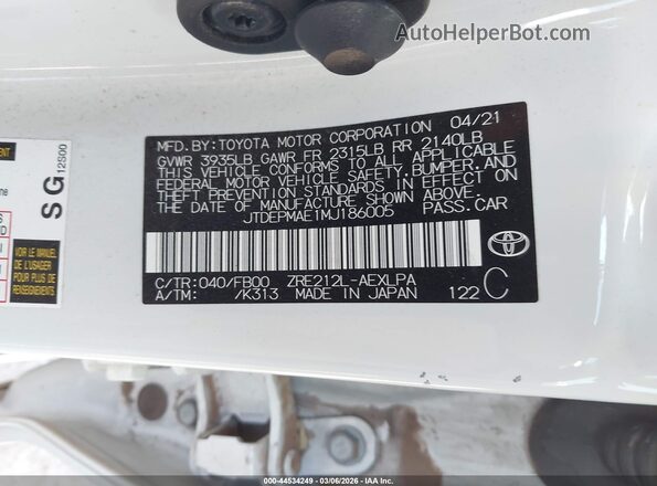 JTDEPMAE1MJ186005 2021 TOYOTA LL White Շարժիչի բաժամունքի տեսք