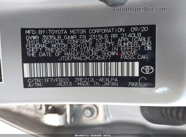 JTDEPMAE2MJ145477 2021 TOYOTA LL Silver Вид підкапотного простору