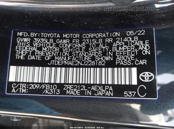 JTDEPMAE2NJ228182 2022 TOYOTA LL Black Շարժիչի բաժամունքի տեսք