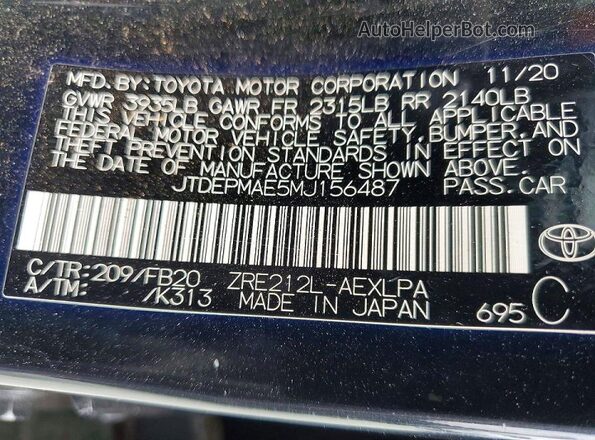 JTDEPMAE5MJ156487 2021 TOYOTA LL Black VIN კოდის სტიკერის ხედი